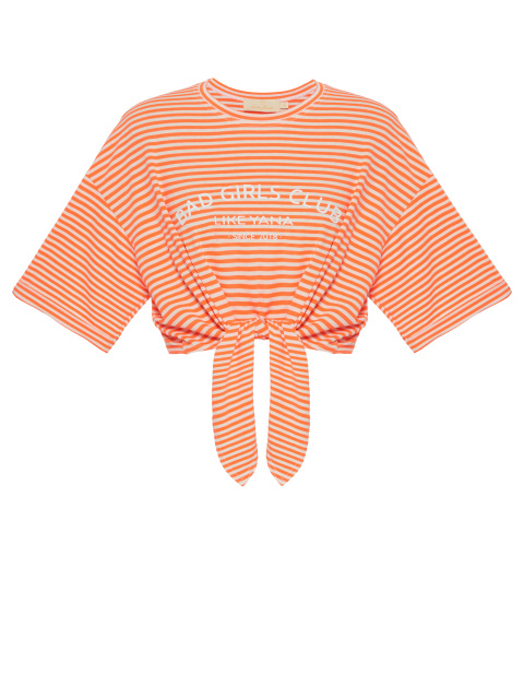 Укороченная оранжевая футболка в полоску с завязками, 1