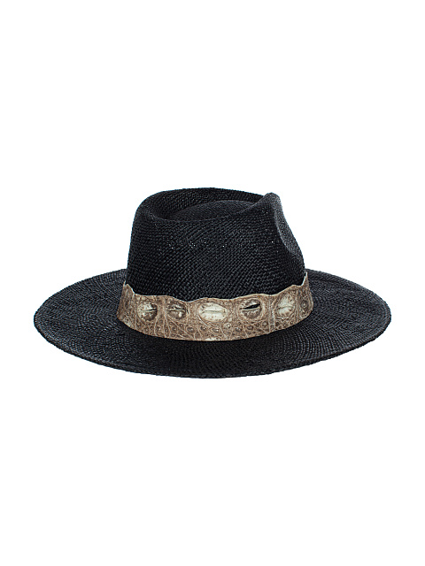Черная соломенная шляпа с отделкой из коричневой кожи крокодила, 3 Черная соломенная шляпа с отделкой из коричневой кожи крокодила, 3