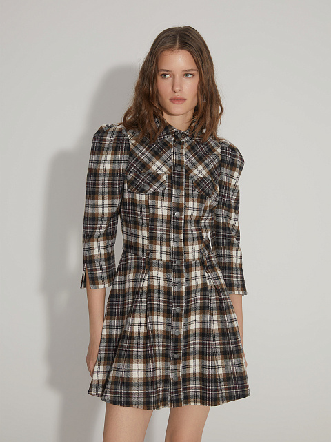 Коричнево-серое шерстяное платье-мини в клетку, 4
