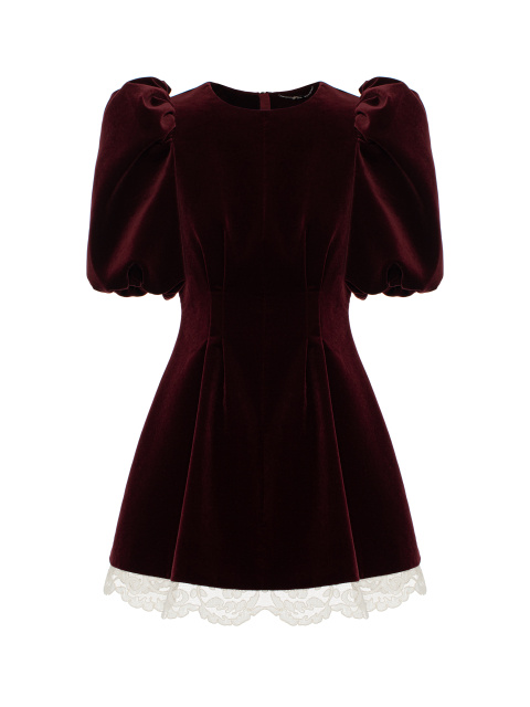 Бордовое платье-мини из бархата с белым кружевом, 1