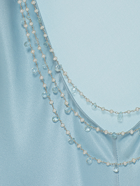 Голубое платье-макси из шелка с жемчугом, 4