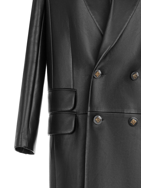 Черное кожаное двубортное пальто, 3