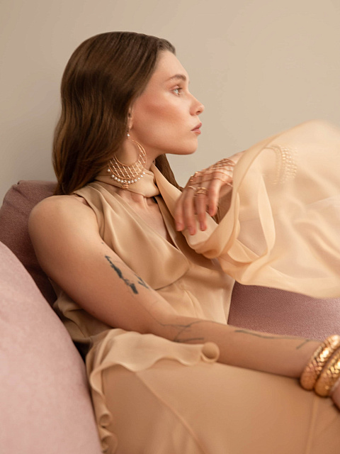 Бежевое платье-макси с воланами из шифона , 4 Бежевое платье-макси с воланами из шифона , 4