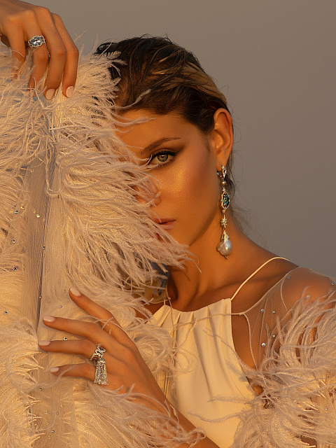 Длинные серьги из белого золота с цирконом, жемчугом и бриллинатами, 3