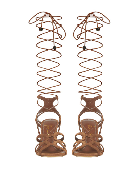 Коричневые замшевые босоножки на каблуке с длинными завязками, 2