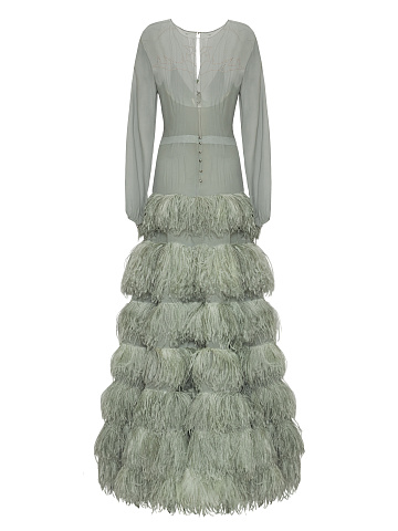 Серое платье из шифона с перьями и стразами, 2