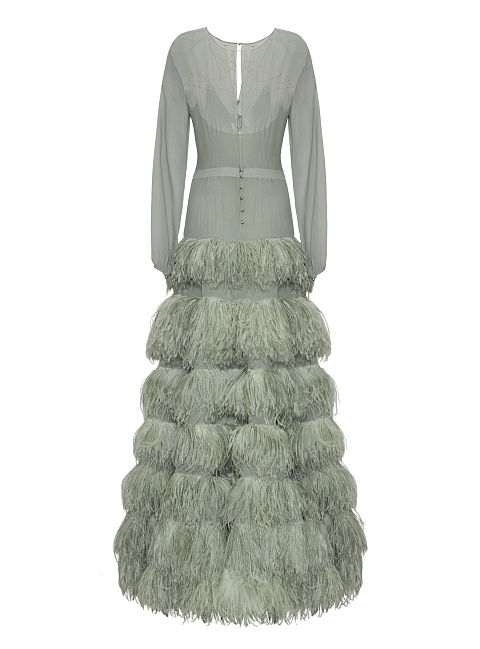 Серое платье из шифона с перьями и стразами, 2