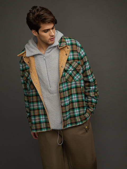 Мужская зеленая рубашка в клетку с подкладкой из искусственного меха, 6