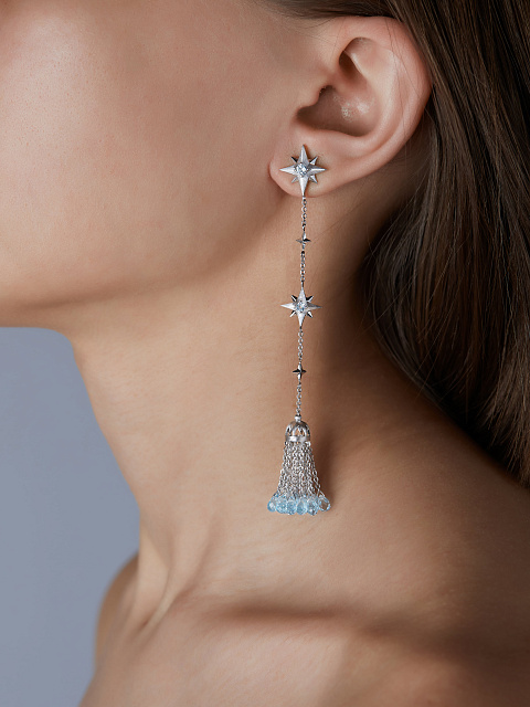 Серьги-кисти из белого золота с каффом, топазами Sky Blue огранки «бриолет», 3 Серьги-кисти из белого золота с каффом, топазами Sky Blue огранки «бриолет», 3