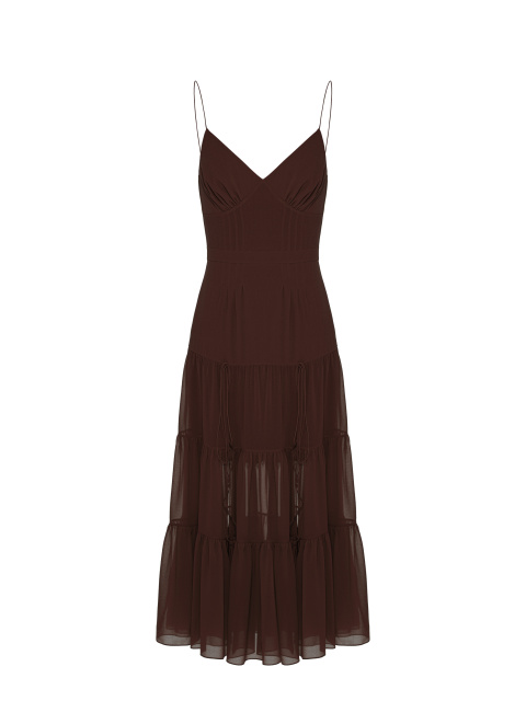 Темно-коричневое платье-миди из шелка с завязками, 1
