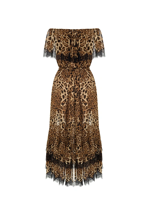 Коричневое платье-миди из шифона с леопардовым принтом, 2