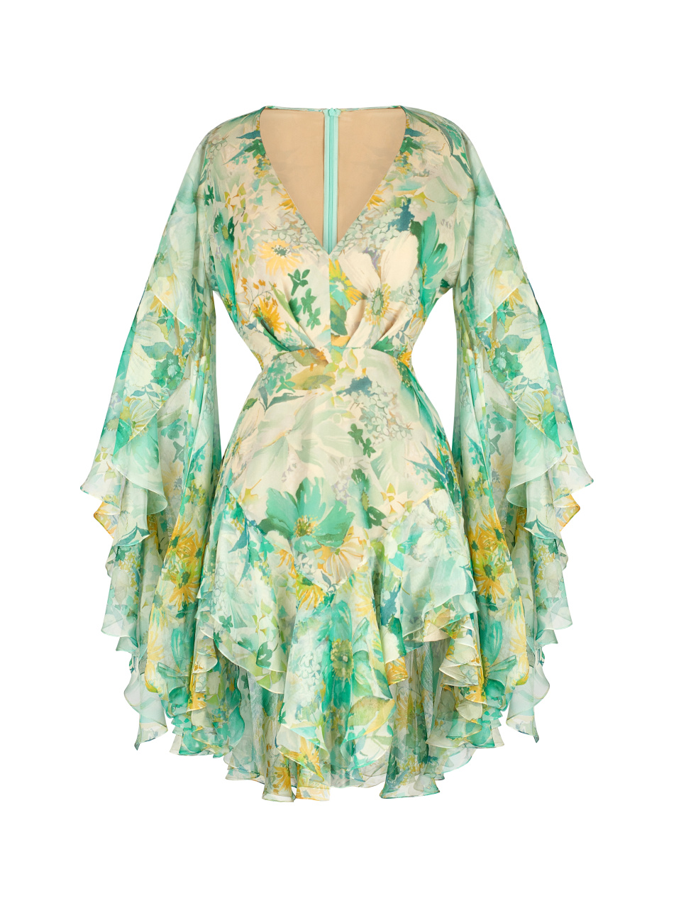Зеленое шифоновое платье-мини с цветочным принтом, 1