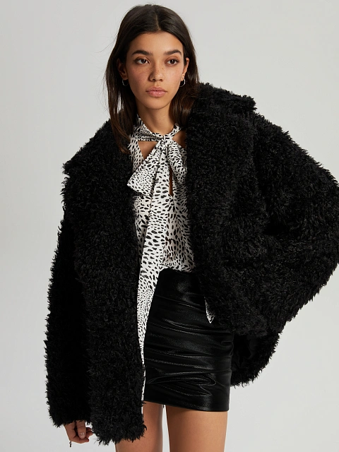 Черный укороченный жакет из эко-меха, 4