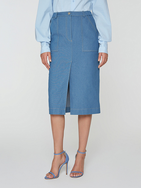 Синий костюм с юбкой-миди из денима, 8 Синий костюм с юбкой-миди из денима, 8