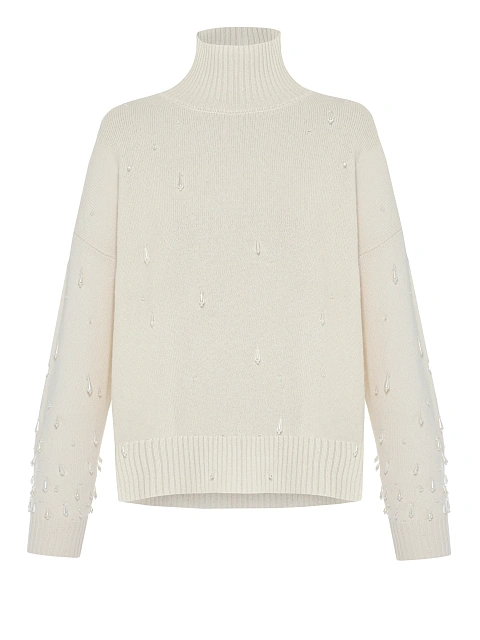 Белый кашемировый свитер с жемчугом и кристаллами, 1 Белый кашемировый свитер с жемчугом и кристаллами, 1