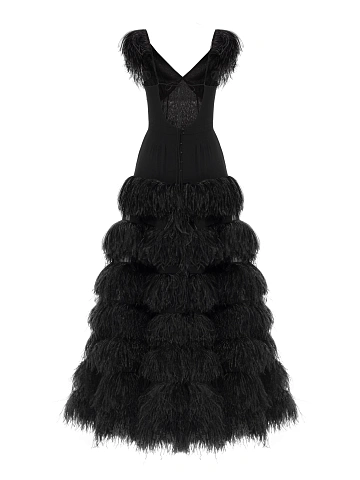 Черное платье-макси из шифона с перьями, 2