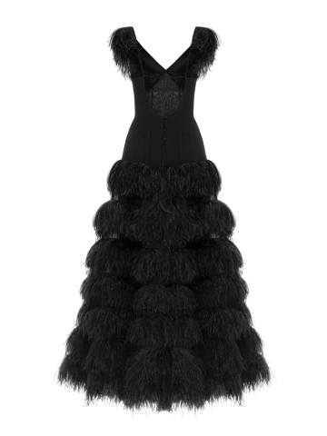 Черное платье-макси из шифона с перьями, 2
