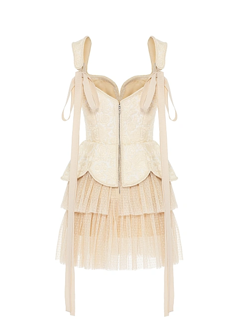 Бежевое платье-мини из льна с цветочной вышивкой и сетки в горошек, 2