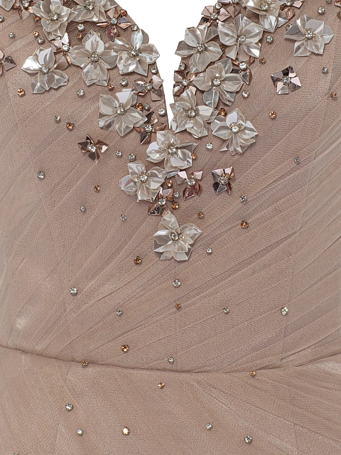 Бежевое платье-мини из сетки с цветами из страз, 4