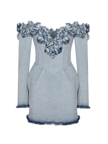 Голубое платье-мини из вареного денима с розами, 1