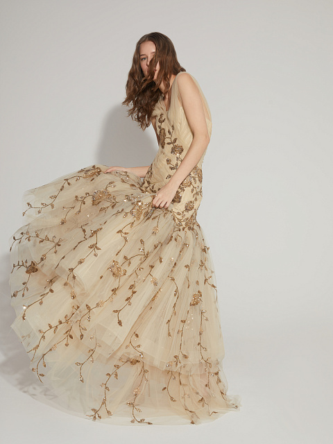 Бежевое асимметричное платье-макси из сетки с вышивкой, 5 Бежевое асимметричное платье-макси из сетки с вышивкой, 5