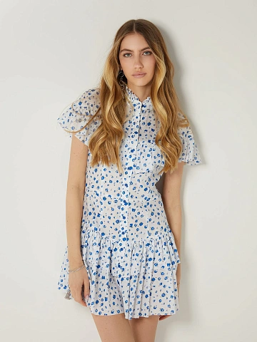 Белое платье-мини из хлопка с синим цветочным принтом, 2