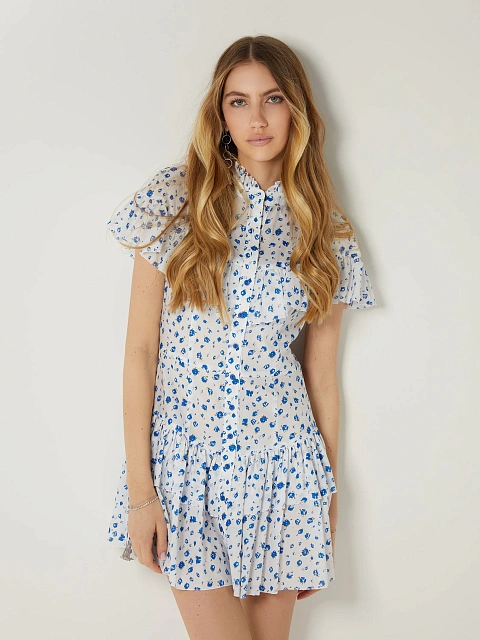 Белое платье-мини из хлопка с синим цветочным принтом, 2