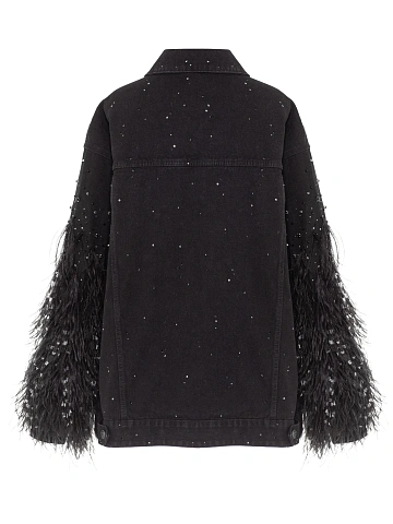 Черная объемная куртка из денима с перьями и стразами, 2