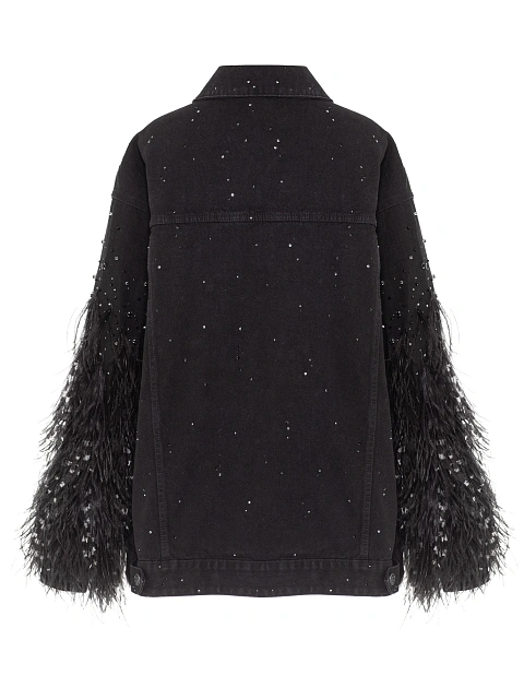 Черная объемная куртка из денима с перьями и стразами, 2