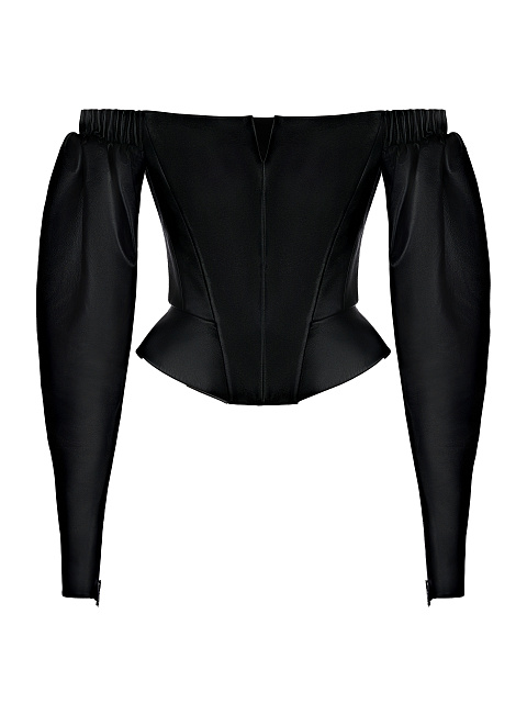 Черный кожаный топ с открытыми плечами, 1