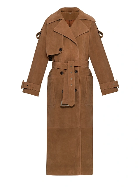 Коричневый двубортный тренч из замши, 1