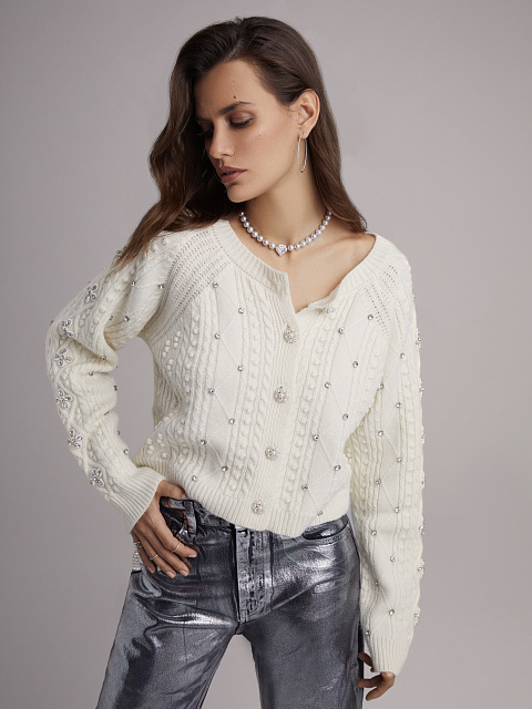 Молочный кардиган из кашемира со стразами, 6