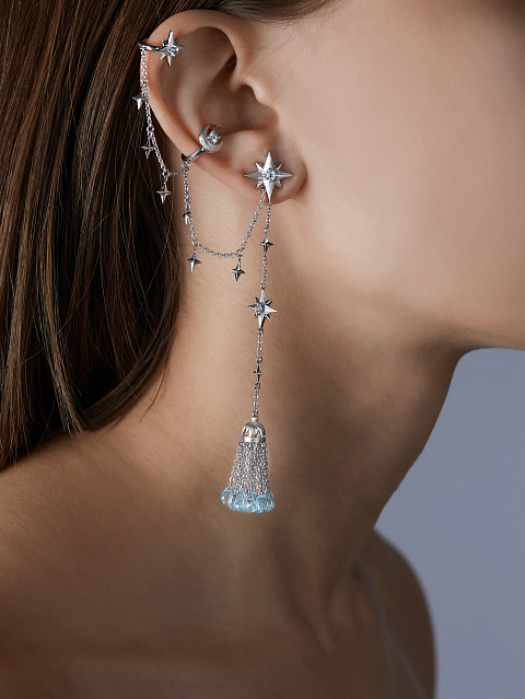 Серьги-кисти из белого золота с каффом, топазами Sky Blue огранки «бриолет», 2 Серьги-кисти из белого золота с каффом, топазами Sky Blue огранки «бриолет», 2