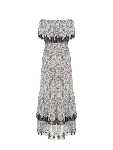 Серо-черное платье из шифона с принтом и кружевом, 2