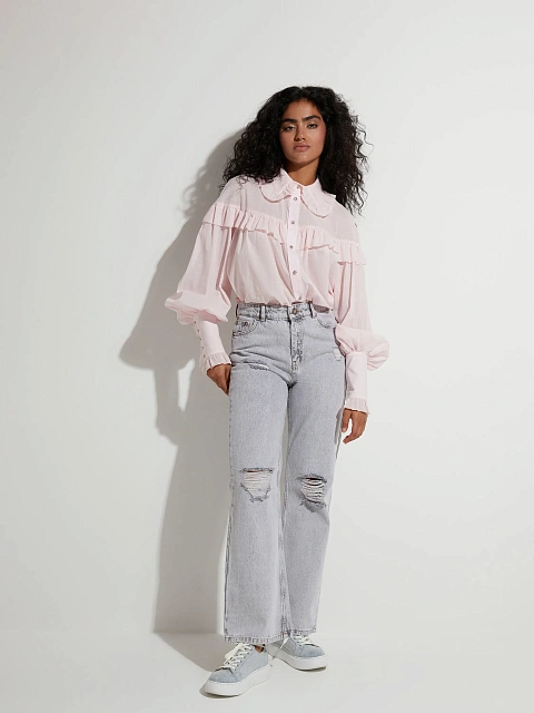 Расклешенные светло-серые джинсы из хлопка, 2