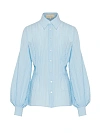 Блуза из голубого хлопка шитье приталенная, объемный рукав, пуговицы Блуза из голубого хлопка шитье приталенная, объемный рукав, пуговицы