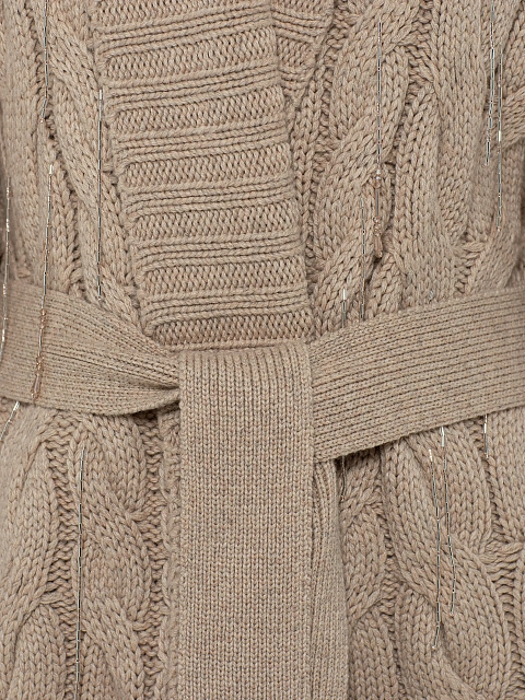 Бежевое вязаное пальто с бахромой из бисера, 4