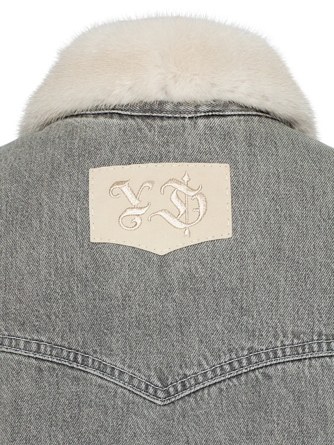 Серая джинсовая куртка с подкладом из бежевого меха норки, 5