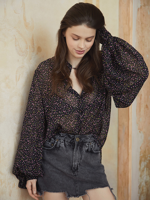 Черная блузка из шифона с цветочным принтом, 2