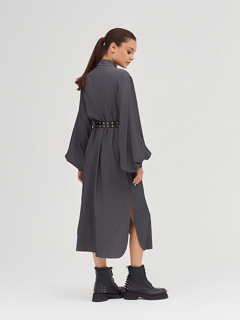 Черное хлопковое платье-рубашка с объемными рукавами, 7