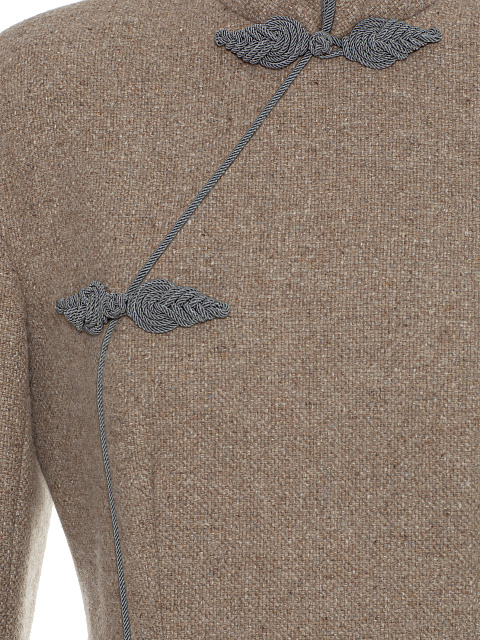 Бежевое платье-миди из шерсти с манжетами из меха норки, 3