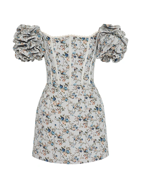 Серое платье-мини из хлопка с цветочным принтом, 1