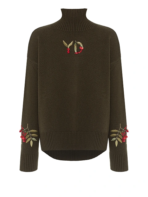 Зеленый кашемировый свитер с вышивкой в виде рябины, 1