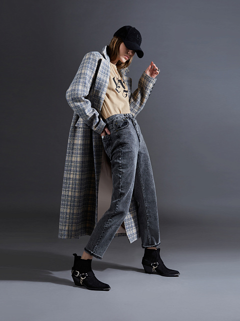 Однобортное шерстяное пальто в бежево-голубую клетку, 6