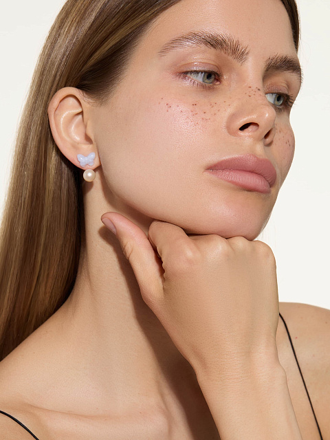 Серьги из белого золота с агатом и жемчугом, 2 Серьги из белого золота с агатом и жемчугом, 2