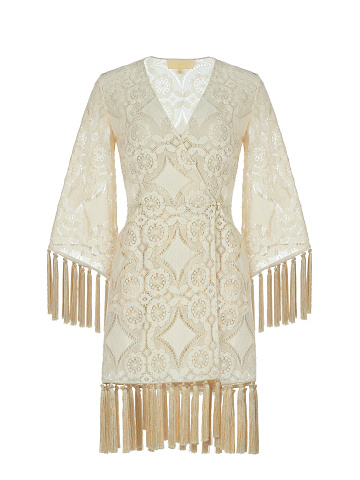 Бежевое кружевное платье-мини с бахромой, 1