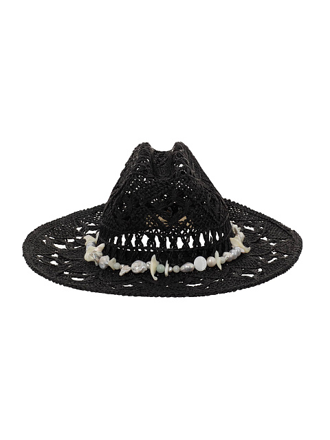 Черная соломенная шляпа с декором из перламутра, берилла и лунного камня, 2 Черная соломенная шляпа с декором из перламутра, берилла и лунного камня, 2