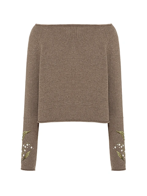Коричневый укороченный пуловер из кашемира с вышивкой, 2