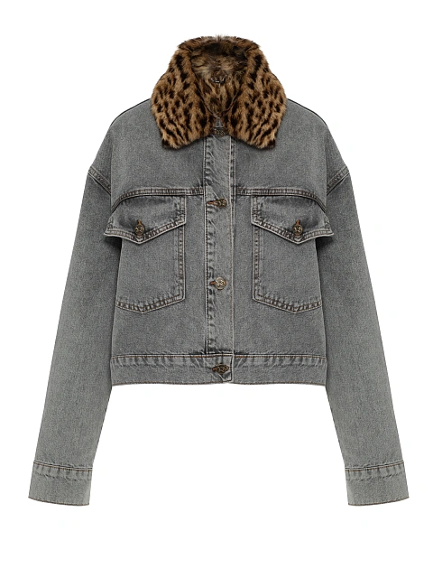 Серая джинсовая куртка с подкладом из меха дикой кошки, 1