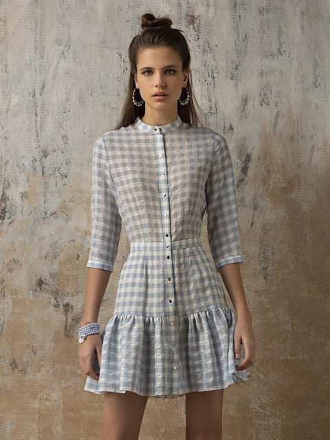 Голубое шифоновое платье-мини в клетку, 5